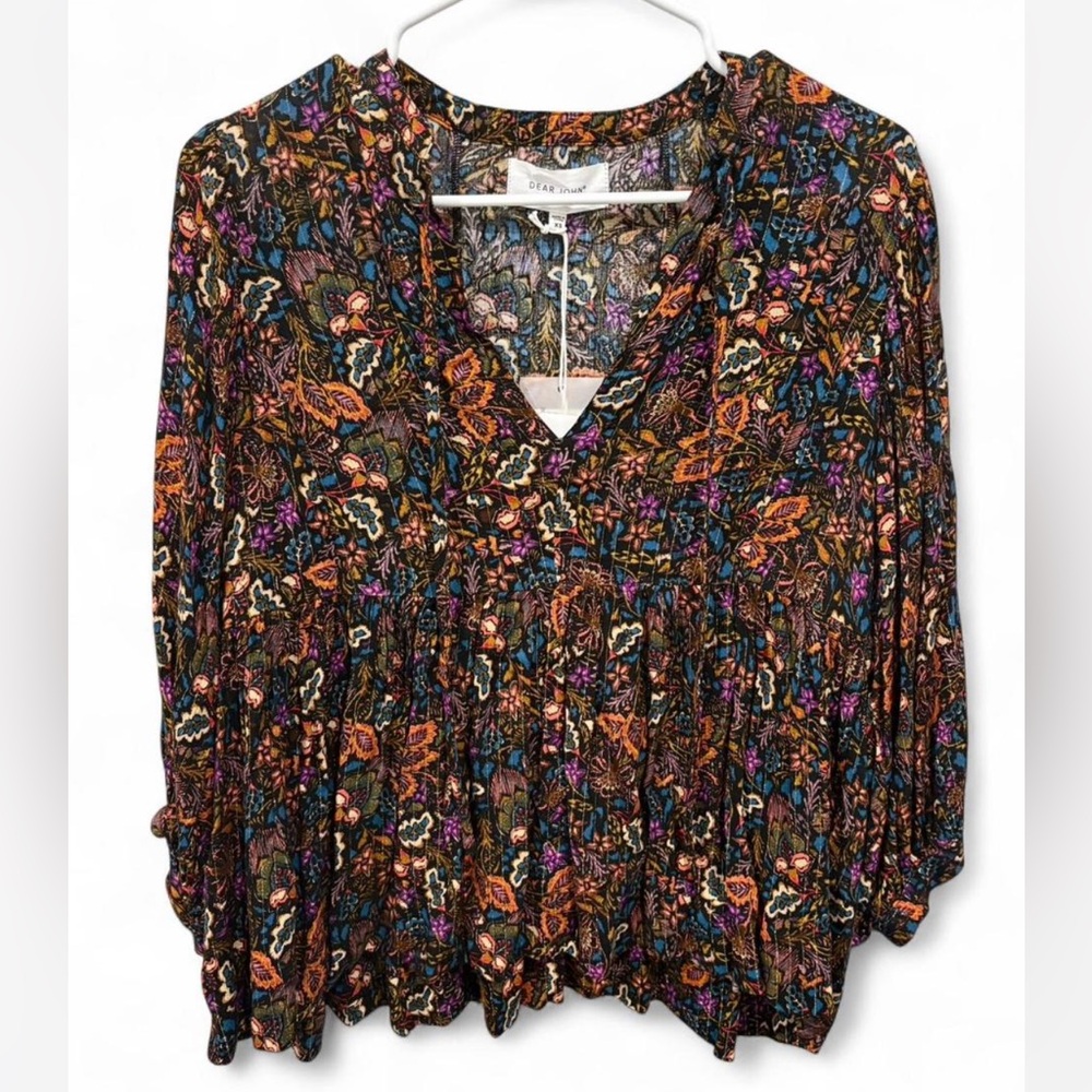 NWT Dear John Floral Print Boho Flowy Blouse XS V Neck Shimmer Peasant‎ Babydoll